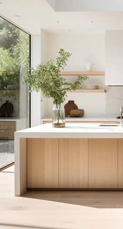 Kitchen island kayu dengan top putih